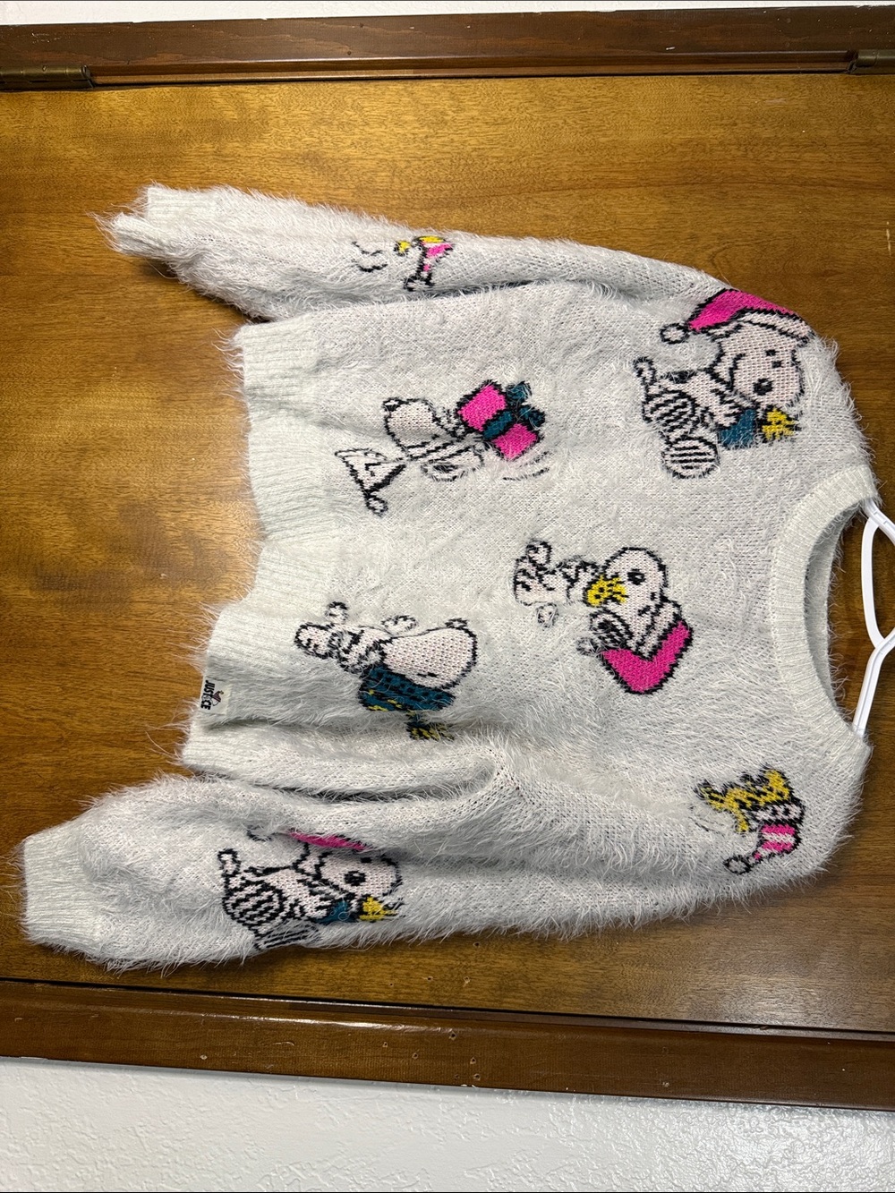 Justice White Fuzzy Cartoon Character, Snoopy Sweater with Pink & Yellow Accents
